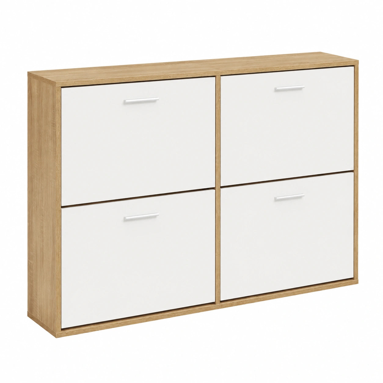 Meuble à Chaussures 4 Abattants Moderne Blanc et Bois, Grande Capacité 24 Paires