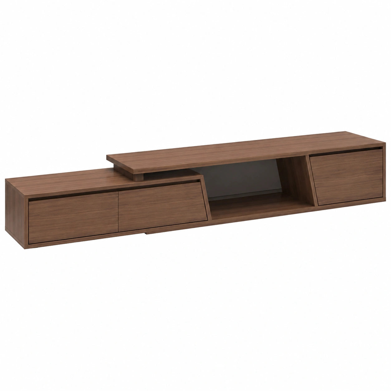 Meuble TV extensible en bois avec tiroirs spacieux et rangement ouvert pour salon moderne