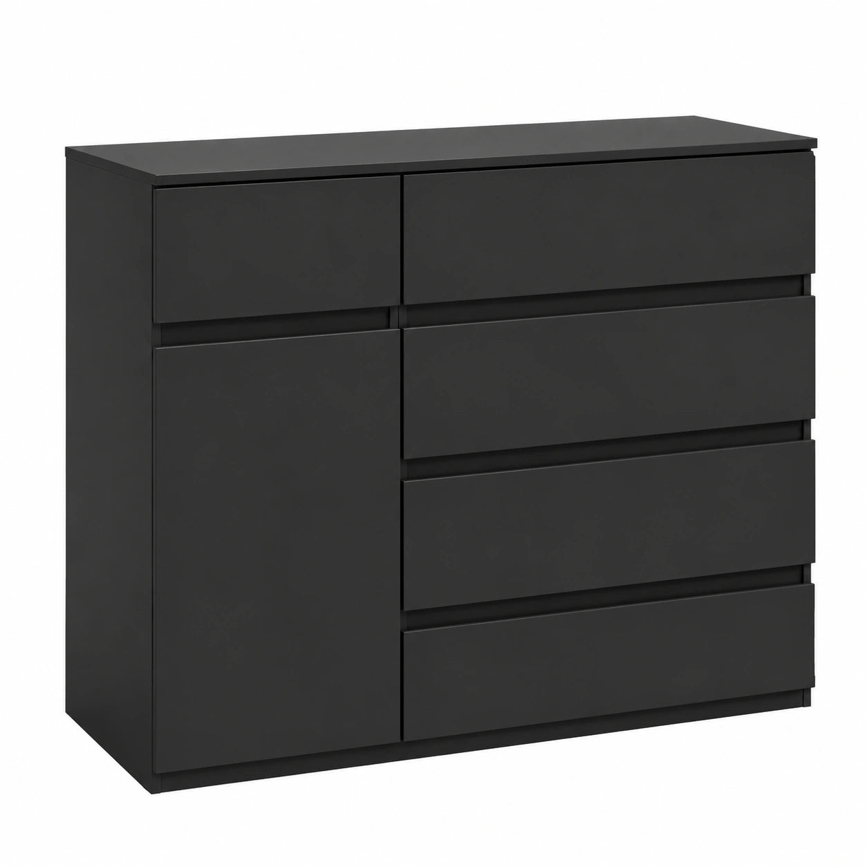 Commode moderne 5 tiroirs avec placard et étagère réglable pour salon ou chambre