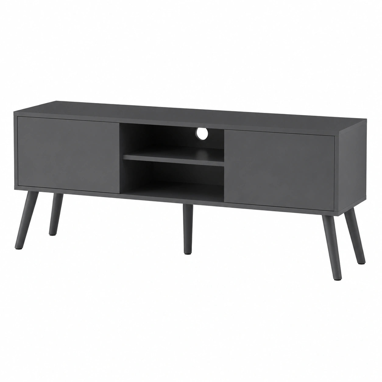 Meuble TV moderne avec rangements, pieds en bois, gris foncé