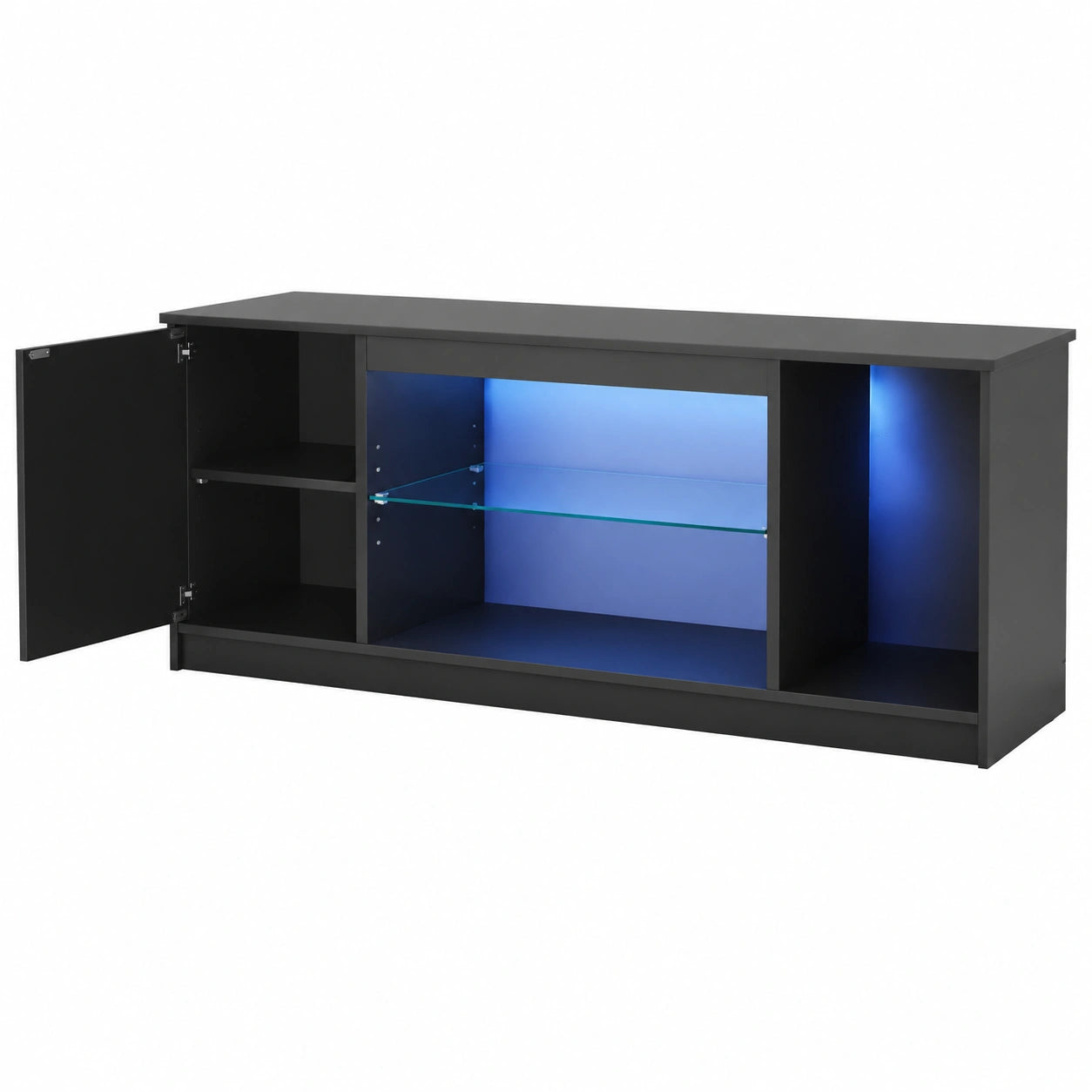 Meuble TV LED 145 cm pour écran jusqu'à 65 avec étagères en verre