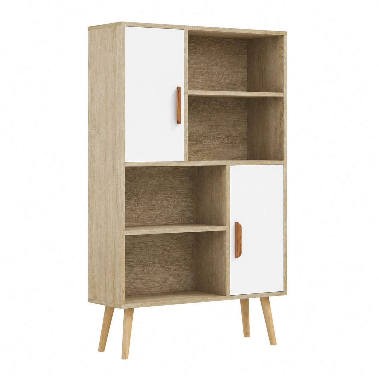 Bibliothèque scandinave avec étagères et placards, pieds inclinés