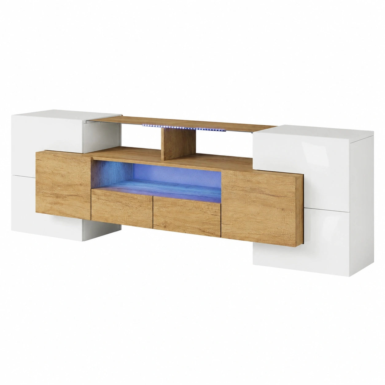 Meuble TV bas avec éclairage LED et espaces de rangement, design moderne