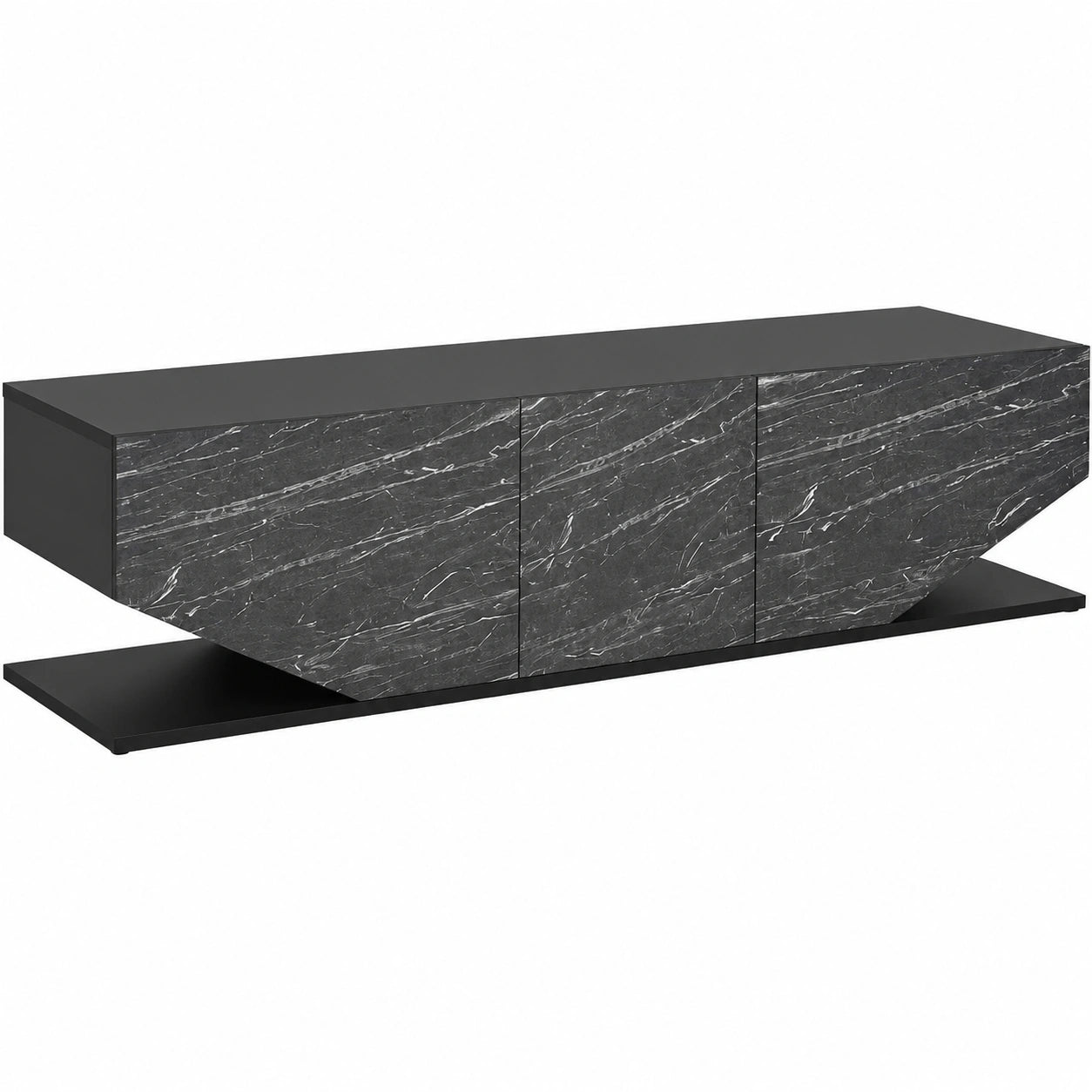 Meuble TV Moderne 180 cm avec Rangement Effet Marbre Noir