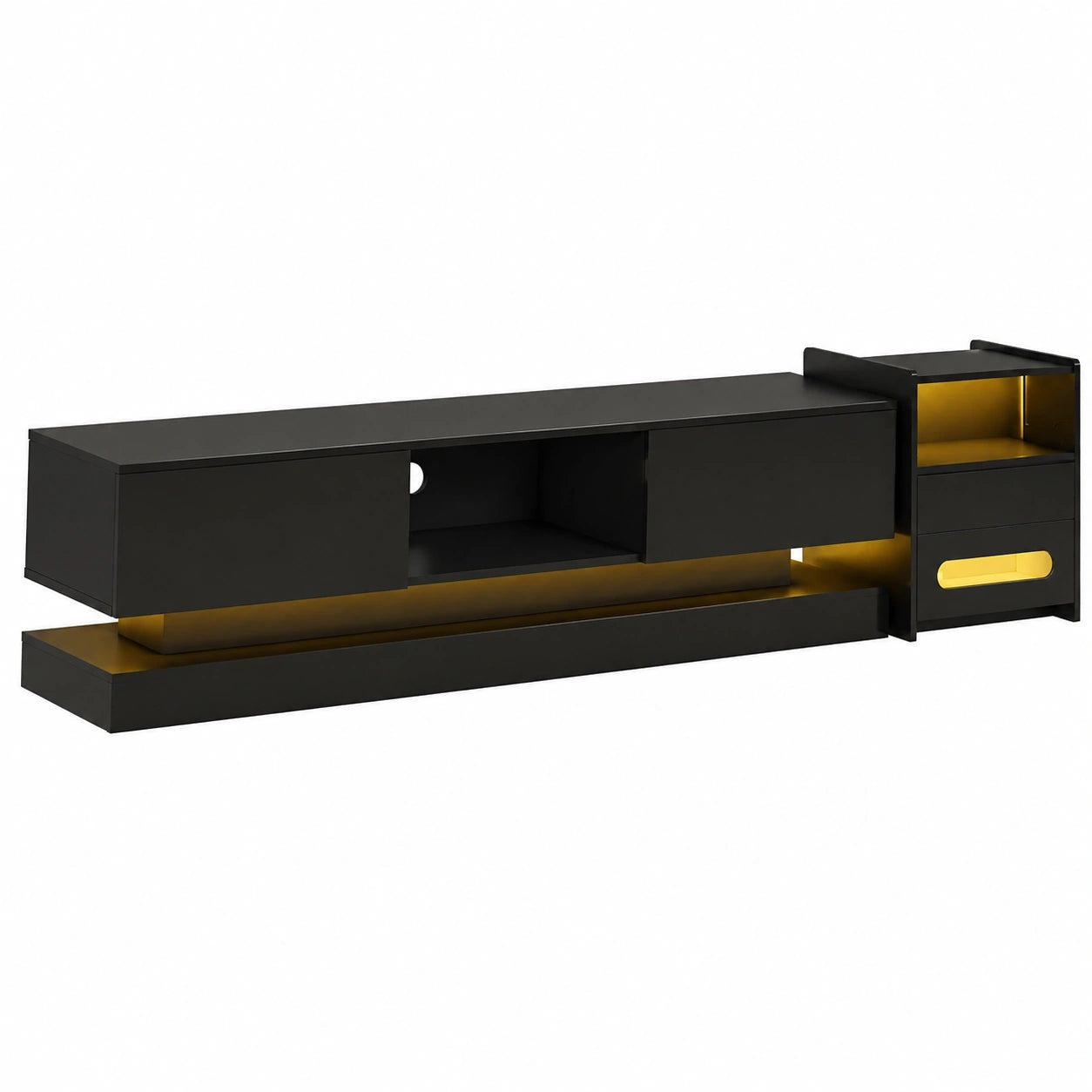 Meuble TV Moderne Noir et Bois avec Éclairage LED et Rangement