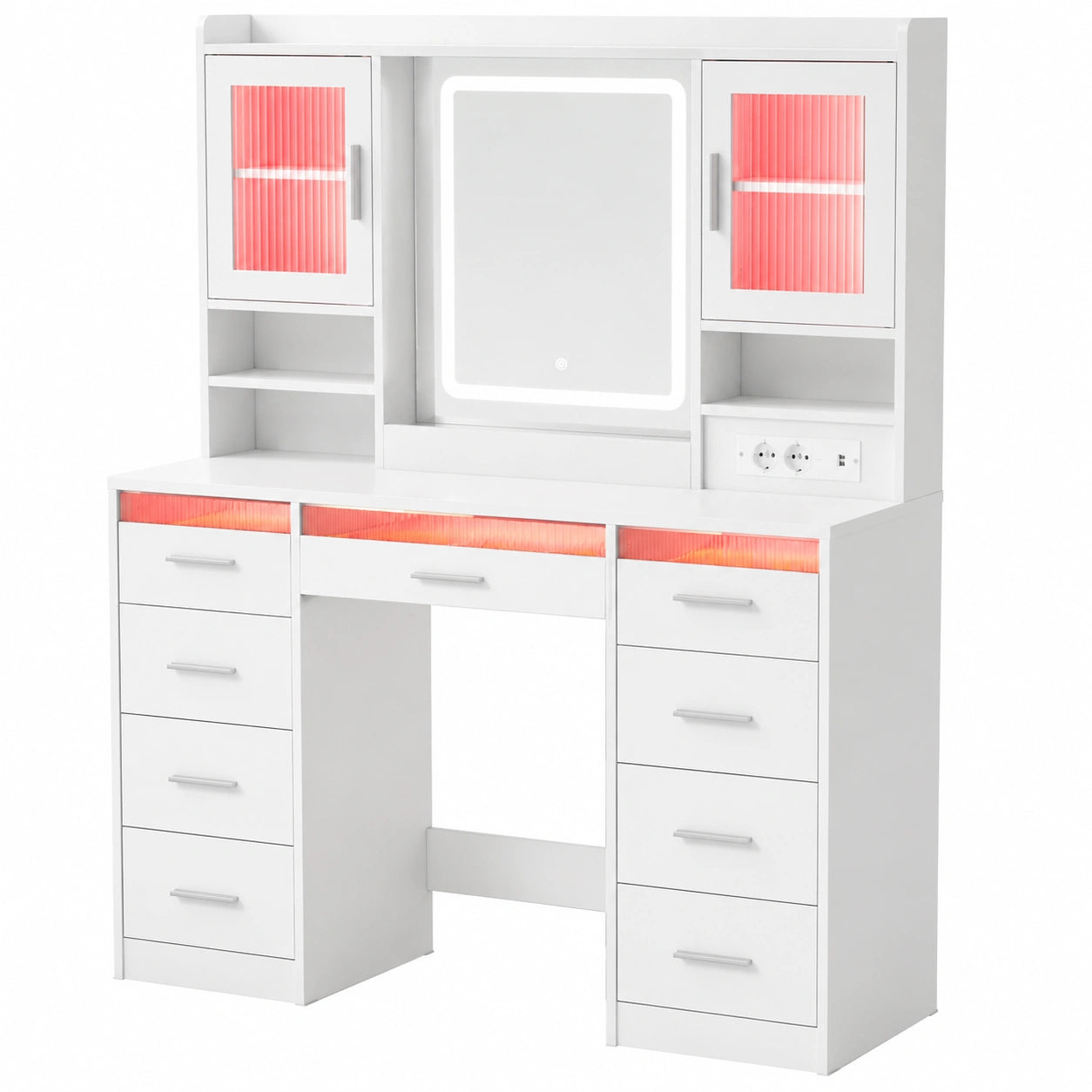 Coiffeuse Moderne avec Miroir LED et Éclairage RGB, Table de Maquillage avec 9 Tiroirs et 2 Placards