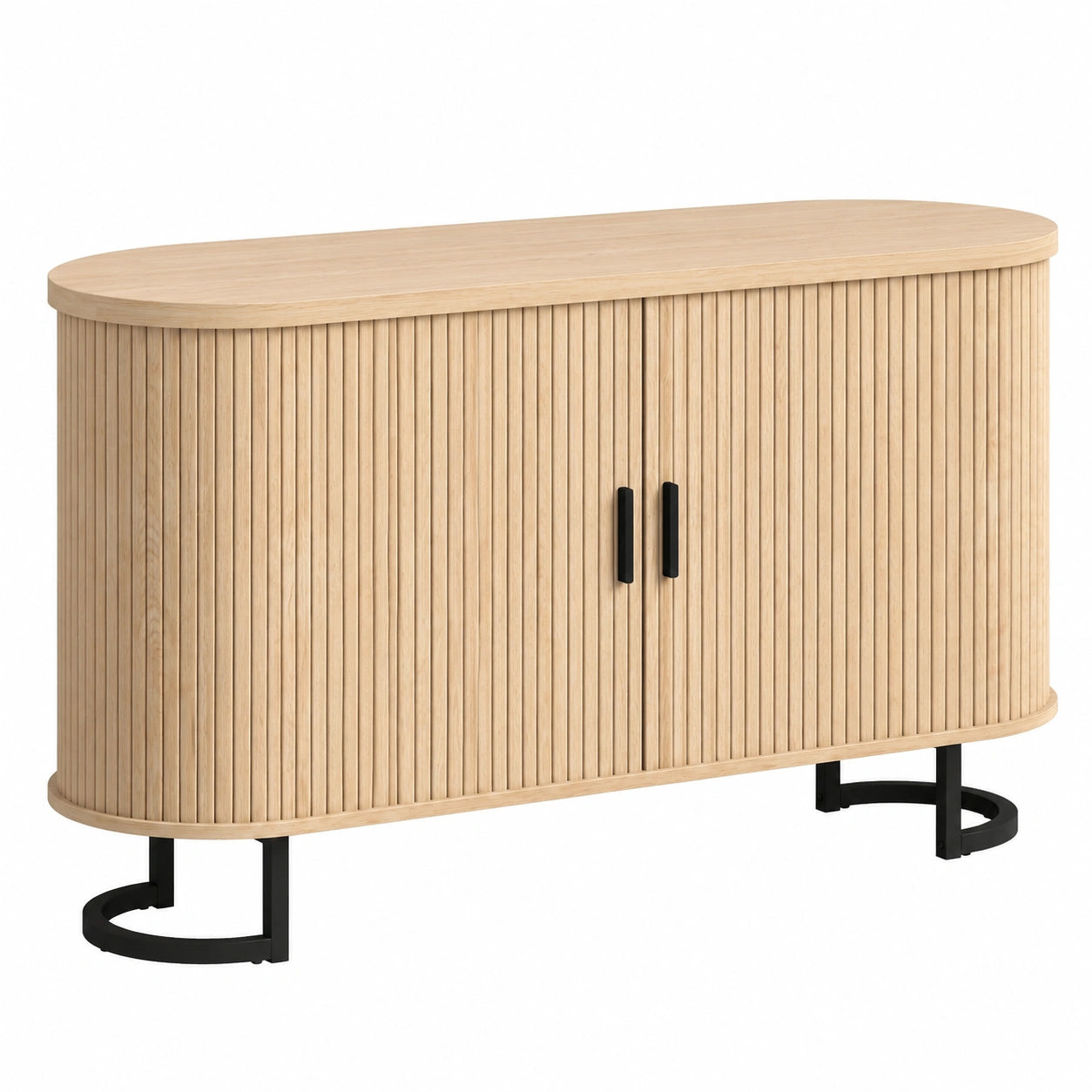 Buffet ovale avec portes coulissantes et étagères réglables, pour TV jusqu'à 60 pouces, style moderne, bois naturel