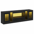 Meuble TV Noir 180 cm avec Tiroirs et Éclairage LED, Étagère en Verre Ajustable pour Salon