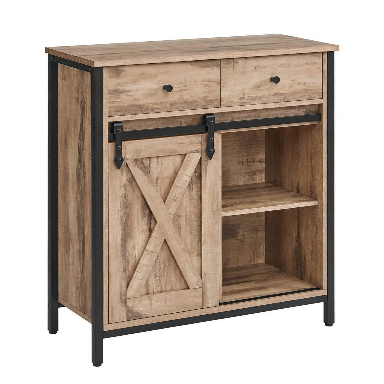 Buffet de Cuisine avec Porte Coulissante et Tiroirs, Étagères Réglables, Marron Camel et Noir