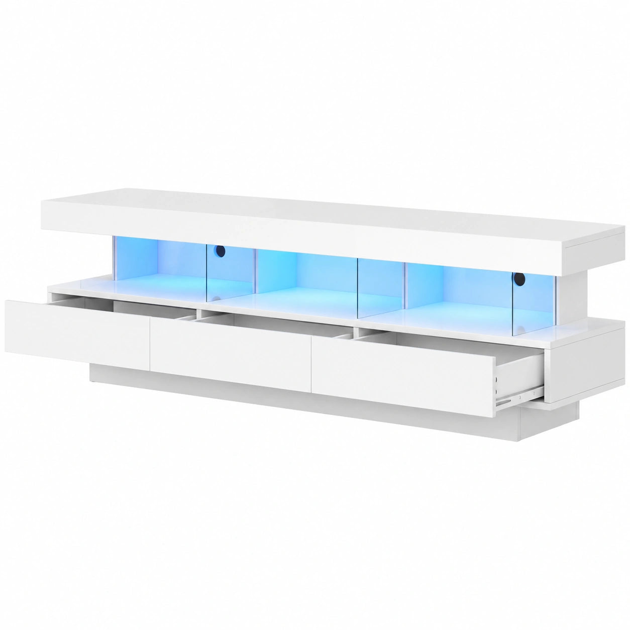 Meuble TV LED 160 cm avec Tiroirs et Étagères en Verre