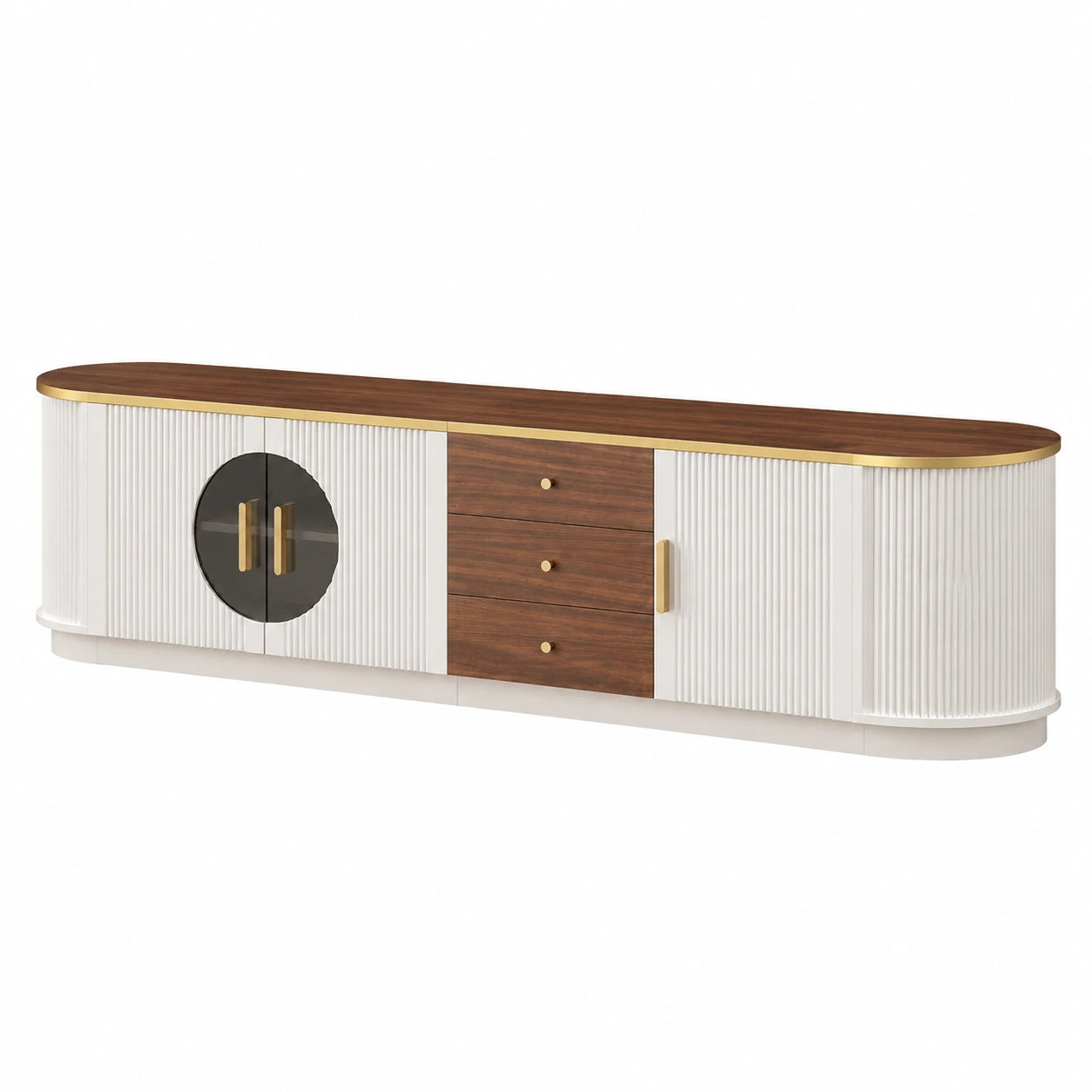 Meuble TV ovale en bois, 180 cm, avec portes et étagères