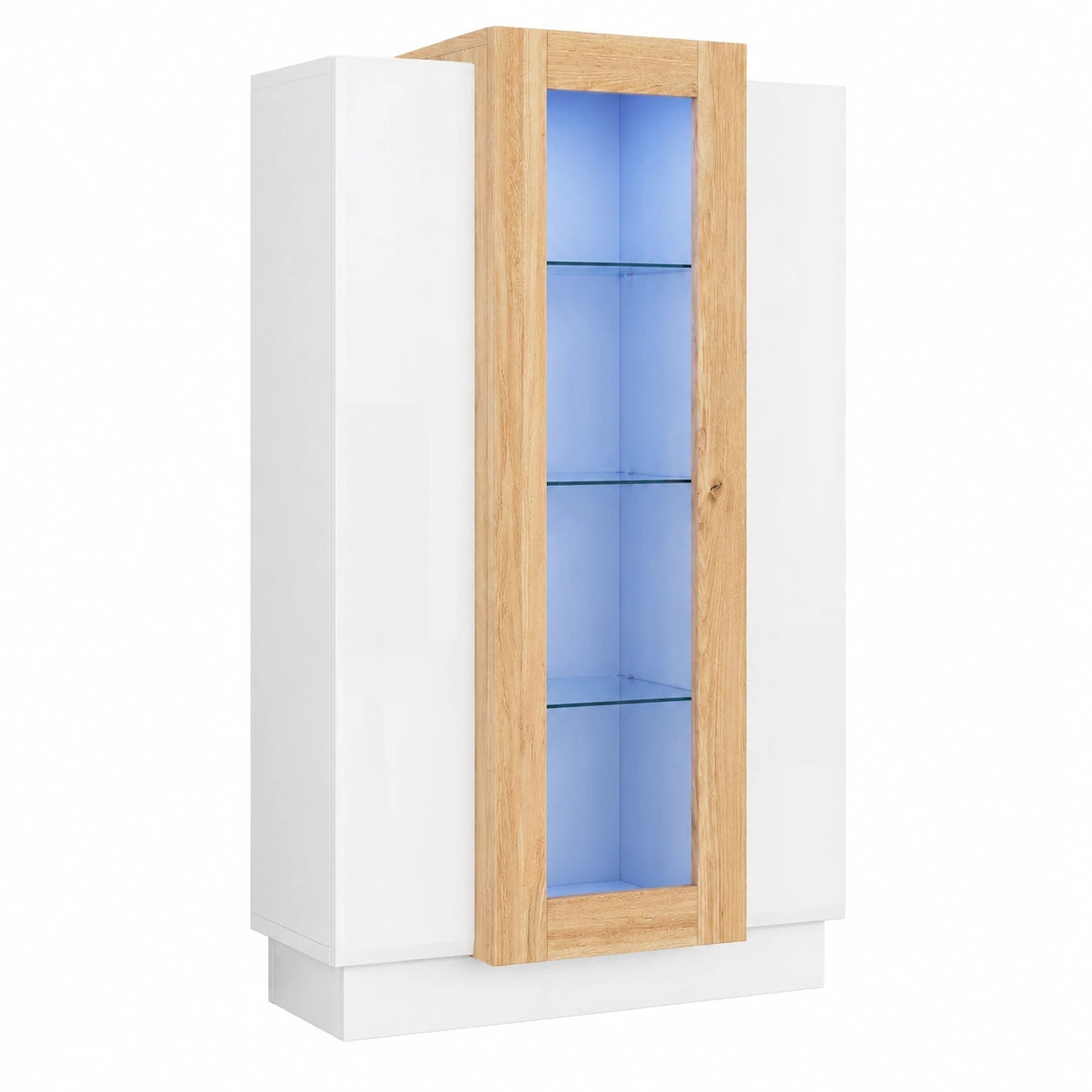 Vitrine brillante avec LED, armoire haute 3 portes et étagères en verre pour salon