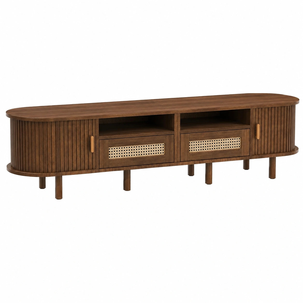 Banc TV ovale avec tiroirs en rotin et portes coulissantes de 170 cm